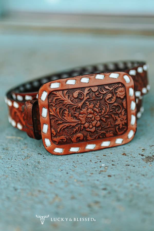 Buckstitch Tooled Leather Belt