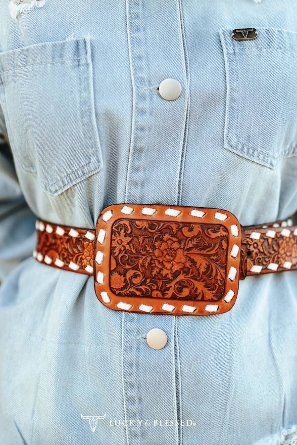 Buckstitch Tooled Leather Belt