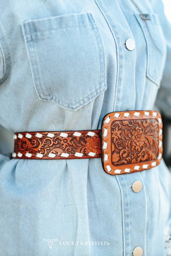 Buckstitch Tooled Leather Belt