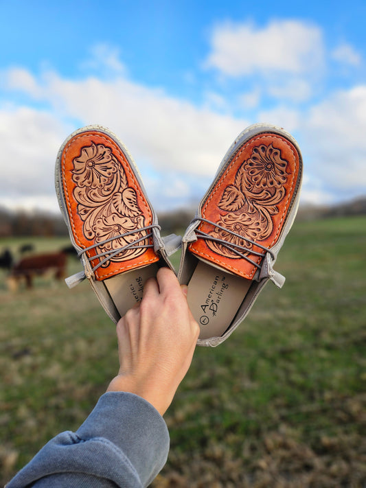 Ranchin' Leather Tooled Slip Ons